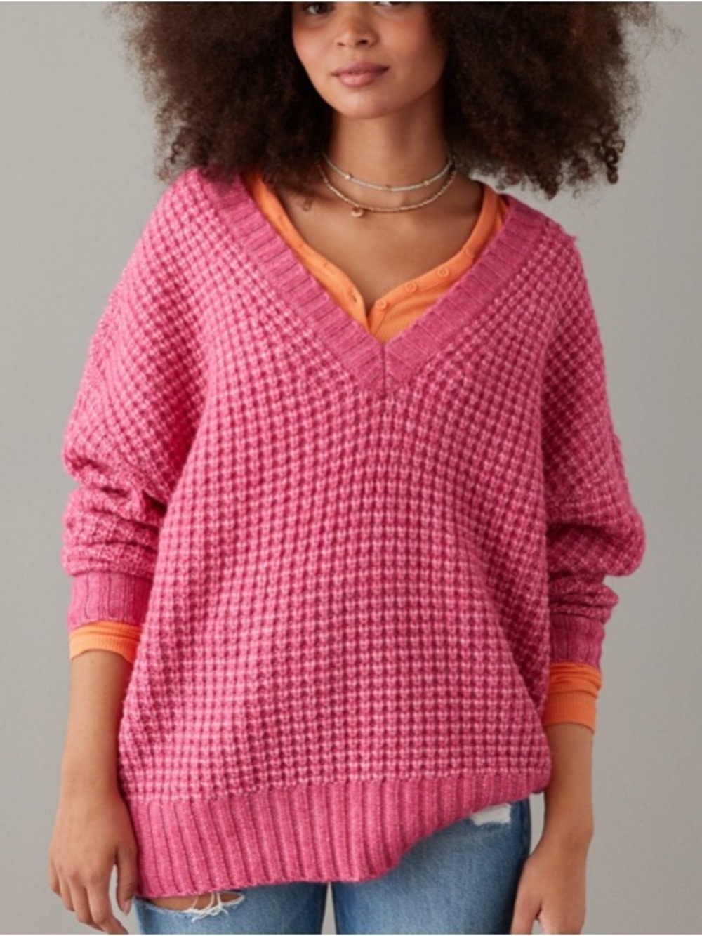 American Eagle Whoa So Cozy V-Neck Waffle Knit Sweater